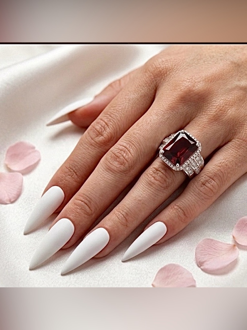 Stunning Garnet & Diamond Halo Cocktail Ring – Silver Tone | Size 7